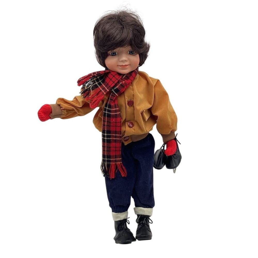 A Vintage Porcelain Boy Doll 16”with Ice Skates Winter Theme